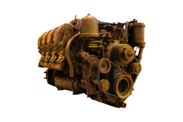 Old rusty diesel engine isolated on white background