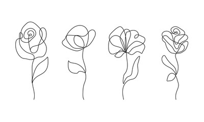 Continuous Line Drawing Set Of Simple Flowers Black Sketch Isolated on White Background. Flowers One Line Illustration Set. Minimalist Botanical Drawing. Vector EPS 10.