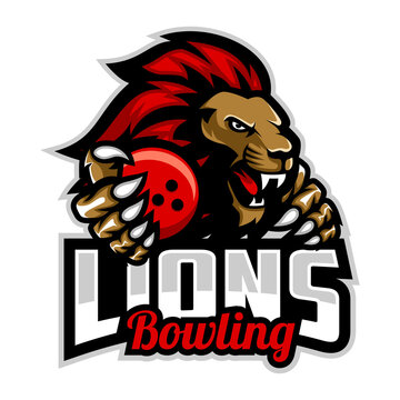 Lion Bowling design with head mascot lion holding bowling ball. Great for team or school mascot or t-shirts and others.