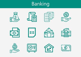 Premium set of banking line icons. Simple banking icon pack. Stroke vector illustration on a white background. Modern outline style icons collection of Money, Courthouse, Coin