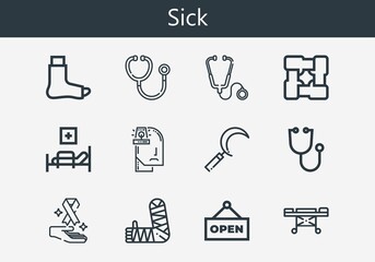 Premium set of sick line icons. Simple sick icon pack. Stroke vector illustration on a white background. Modern outline style icons collection of Stethoscope, Arms, Medical bed