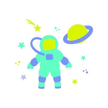 set of astronaut in space with planets and stars. vector image on white background. everything can be disassembled