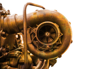 Close-up of old rusty diesel engine turbocharger