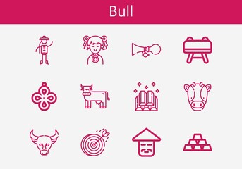 Premium set of bull line icons. Simple bull icon pack. Stroke vector illustration on a white background. Modern outline style icons collection of Horn, Buck, Pendant, Dartboard