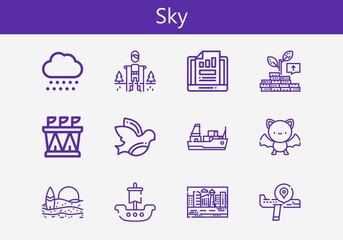 Premium set of sky line icons. Simple sky icon pack. Stroke vector illustration on a white background. Modern outline style icons collection of Stadium, Cargo ship, Airplane