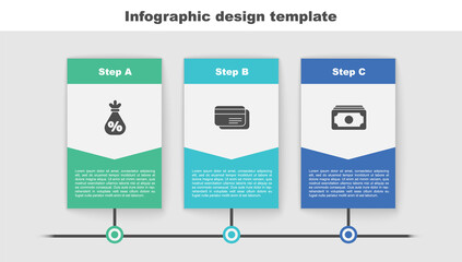 Set Money bag with percent, Credit card and Stacks paper money cash. Business infographic template. Vector