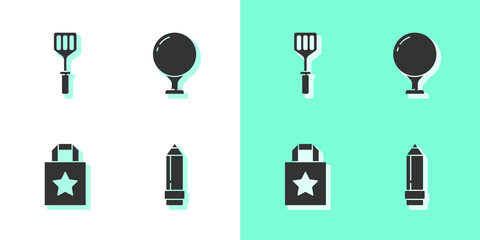 Set Pencil with eraser, Spatula, Paper shopping bag and Golf ball on tee icon. Vector