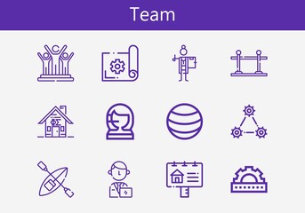 Premium set of team line icons. Simple team icon pack. Stroke vector illustration on a white background. Modern outline style icons collection of Ball, Call center, Cogwheel