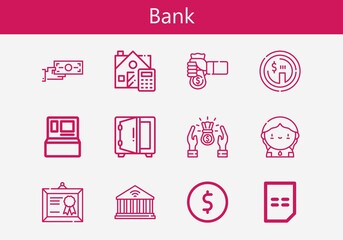 Premium set of bank line icons. Simple bank icon pack. Stroke vector illustration on a white background. Modern outline style icons collection of Building, Coin, Diploma
