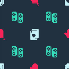 Set Oven glove, Playing cards and Gamepad on seamless pattern. Vector