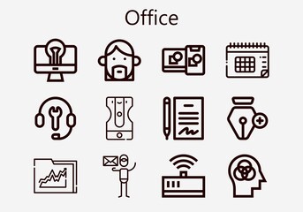 Premium set of office [S] icons. Simple office icon pack. Stroke vector illustration on a white background. Modern outline style icons collection of Graphic designer, Mind, Calendar, Computer