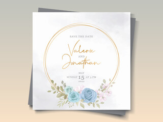 Hand drawn wedding card design with floral blue ornaments