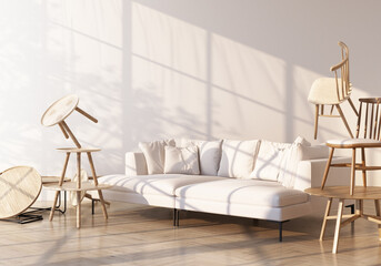 Sofa surrounding by wooden chair and armchair on wooden floor and white wall with sunlight shade from windows 3d rendering