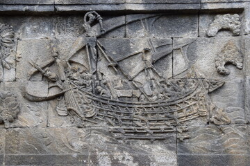 Schiffsdarstellung  auf einem Relief  des Prambanantempels auf Java