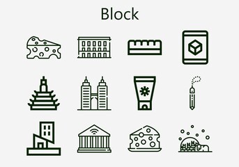Fototapeta na wymiar Premium set of block [S] icons. Simple block icon pack. Stroke vector illustration on a white background. Modern outline style icons collection of Building, Chocolate bar, Sun cream, Cube