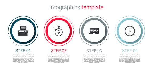 Fototapeta premium Set Printer, Time is money, Laptop with text work and Clock. Business infographic template. Vector