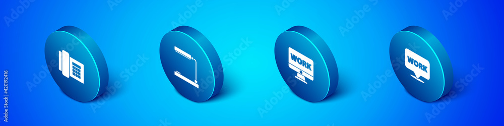 Poster set isometric telephone, monitor with text work, location and table lamp icon. vector