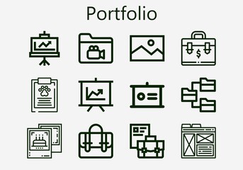 Premium set of portfolio [S] icons. Simple portfolio icon pack. Stroke vector illustration on a white background. Modern outline style icons collection of Pictures, Briefcase, Layout, Report