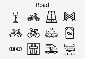 Premium set of road [S] icons. Simple road icon pack. Stroke vector illustration on a white background. Modern outline style icons collection of Seat belt, Police line, Road, Fuel, Lamp post