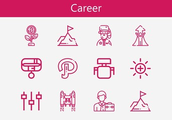 Premium set of career line icons. Simple career icon pack. Stroke vector illustration on a white background. Modern outline style icons collection of Path, Growth, Park ranger, Levels, Businessman