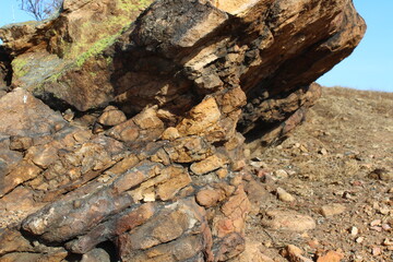 Weathered Rocks Background with Lichen Full Frame of Cliff 
