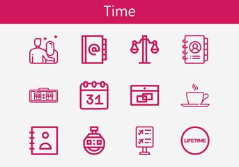 Premium set of time line icons. Simple time icon pack. Stroke vector illustration on a white background. Modern outline style icons collection of Flight information, Lifetime