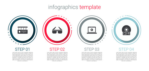 Set Movie clapper, 3D cinema glasses, Online play video and CD or DVD disk. Business infographic template. Vector