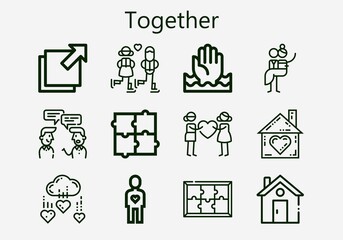 Premium set of together [S] icons. Simple together icon pack. Stroke vector illustration on a white background. Modern outline style icons collection of Foreign, Puzzle, Help, Friend, Couple