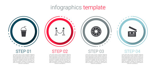 Set Paper glass with straw, Rope barrier, Camera shutter and Movie clapper. Business infographic template. Vector