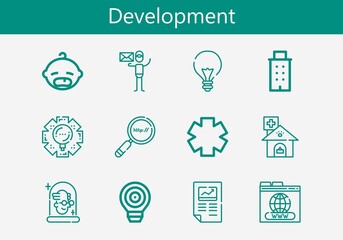 Premium set of development line icons. Simple development icon pack. Stroke vector illustration on a white background. Modern outline style icons collection of Graphic designer, Building, Clinic