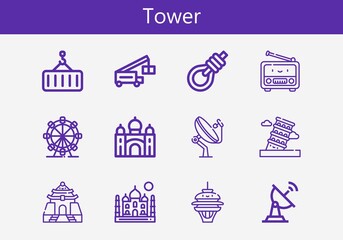 Fototapeta na wymiar Premium set of tower line icons. Simple tower icon pack. Stroke vector illustration on a white background. Modern outline style icons collection of Pisa, Satellite dish, Gallows
