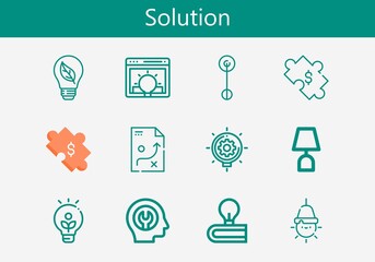 Premium set of solution line icons. Simple solution icon pack. Stroke vector illustration on a white background. Modern outline style icons collection of Puzzle, Idea, Bulb, Strategy, Lamp