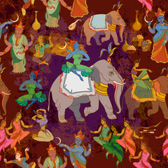 Old Asian culture. Mythology, tradition and history. Gods of India. Ramayana. Seamless pattern. Ancient frescoes. Religion. Hinduism. Traditional indian mural paintings background