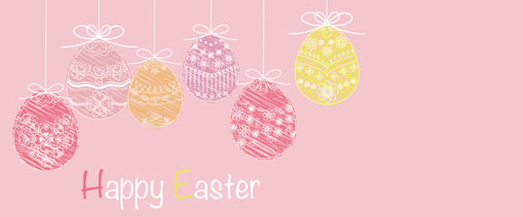 Easter concept illustration. Decorative easter egg ornaments on pink background. Easter background for web events, banners and design. Vector illustration. イースターイラスト、イースターバナーデザイン