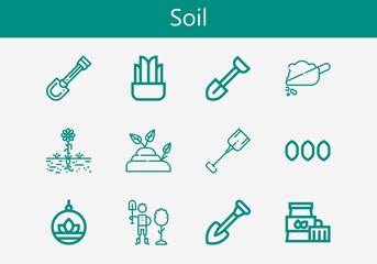 Premium set of soil line icons. Simple soil icon pack. Stroke vector illustration on a white background. Modern outline style icons collection of Plant, Shovel, Seeds