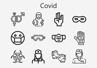Premium set of covid [S] icons. Simple covid icon pack. Stroke vector illustration on a white background. Modern outline style icons collection of Biohazard, Gloves, Symbol, Mask, Doctor, Hand