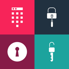 Set pop art Unlocked key, Keyhole, Lock picks for picking and Password protection icon. Vector