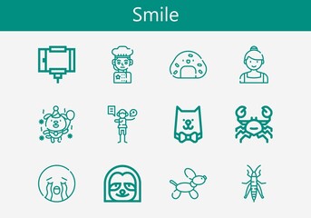 Premium set of smile line icons. Simple smile icon pack. Stroke vector illustration on a white background. Modern outline style icons collection of Crab, Selfie stick, Acting, Grasshopper, Chef