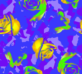 Fototapeta na wymiar Fashionable camouflage violet and pink pattern with yellow roses with green leaves