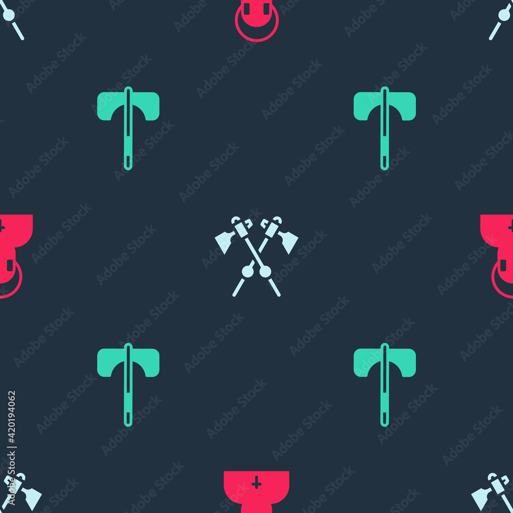 Poster set monk, crossed medieval axes and medieval on seamless pattern. vector