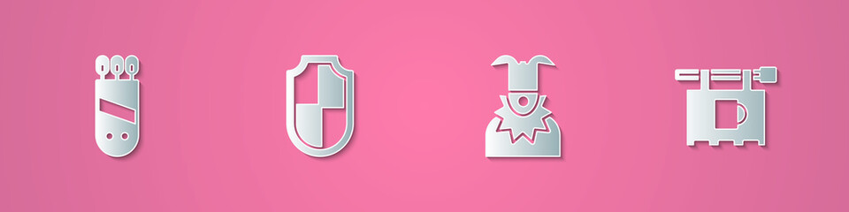 Set paper cut Quiver with arrows, Shield, Joker head and Street signboard Bar icon. Paper art style. Vector