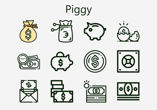 Premium set of piggy [S] icons. Simple piggy icon pack. Stroke vector illustration on a white background. Modern outline style icons collection of Money, Safebox, Piggy bank