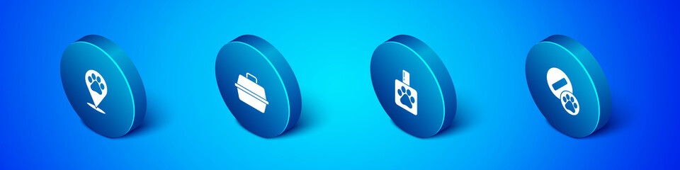 Set Isometric Location veterinary, Pet shampoo, Dog pill and carry case icon. Vector