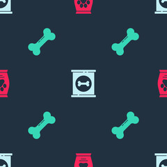 Set Bag of food, Canned and Dog bone on seamless pattern. Vector