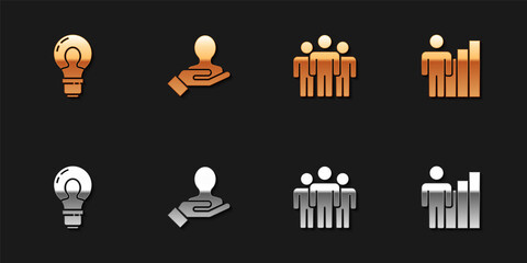 Set Head with lamp bulb, Hand for search people, Users group and Productive human icon. Vector