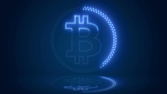 Video animation of bitcoin logo with blue LEDs on dark reflective background - digital currency - cryptocurrency