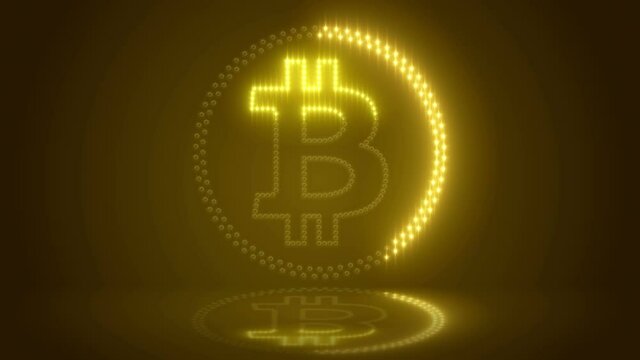 Video animation of bitcoin logo with yellow LEDs on dark reflective background - digital currency - cryptocurrency