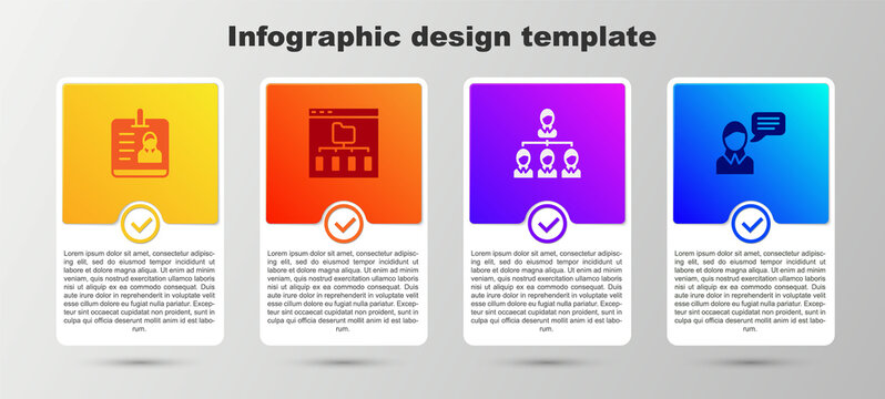 Set Identification badge, Browser files, Hierarchy organogram chart and Speech bubble chat. Business infographic template. Vector