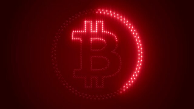 Video animation of bitcoin logo with red LEDs on dark background - digital currency - cryptocurrency