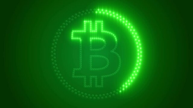 Video animation of bitcoin logo with green LEDs on dark background - digital currency - cryptocurrency